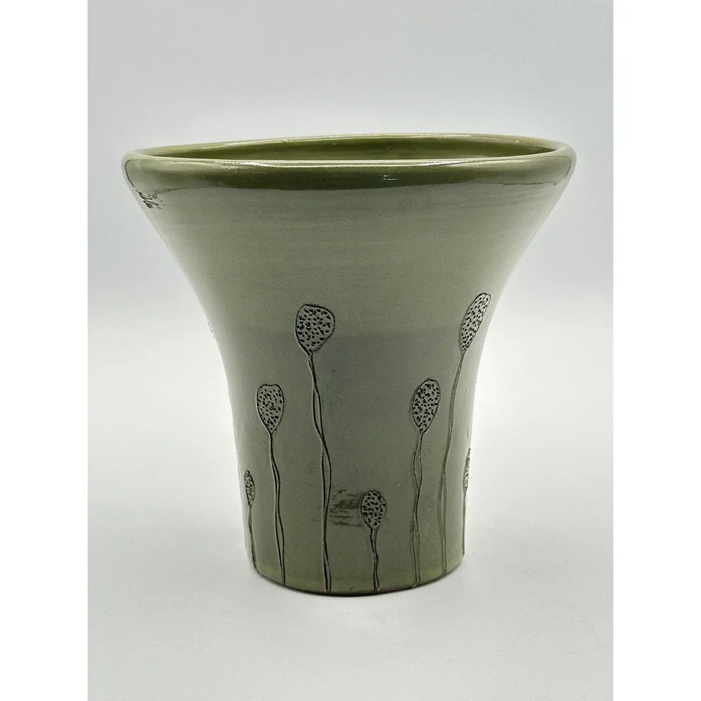 Diana Fayt Synergy Designs Green Pottery Vase Artist Signed Made in Hungary 6in